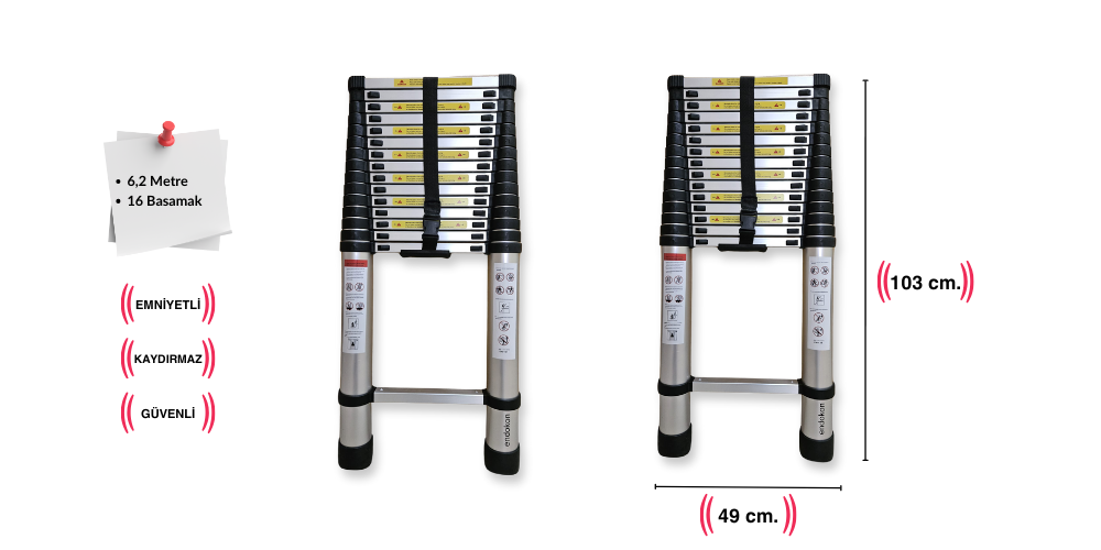 620 cm - 16 Basamaklı Teleskopik Alüminyum Merdiven: 150 kg'a Kadar Dayanıklılık