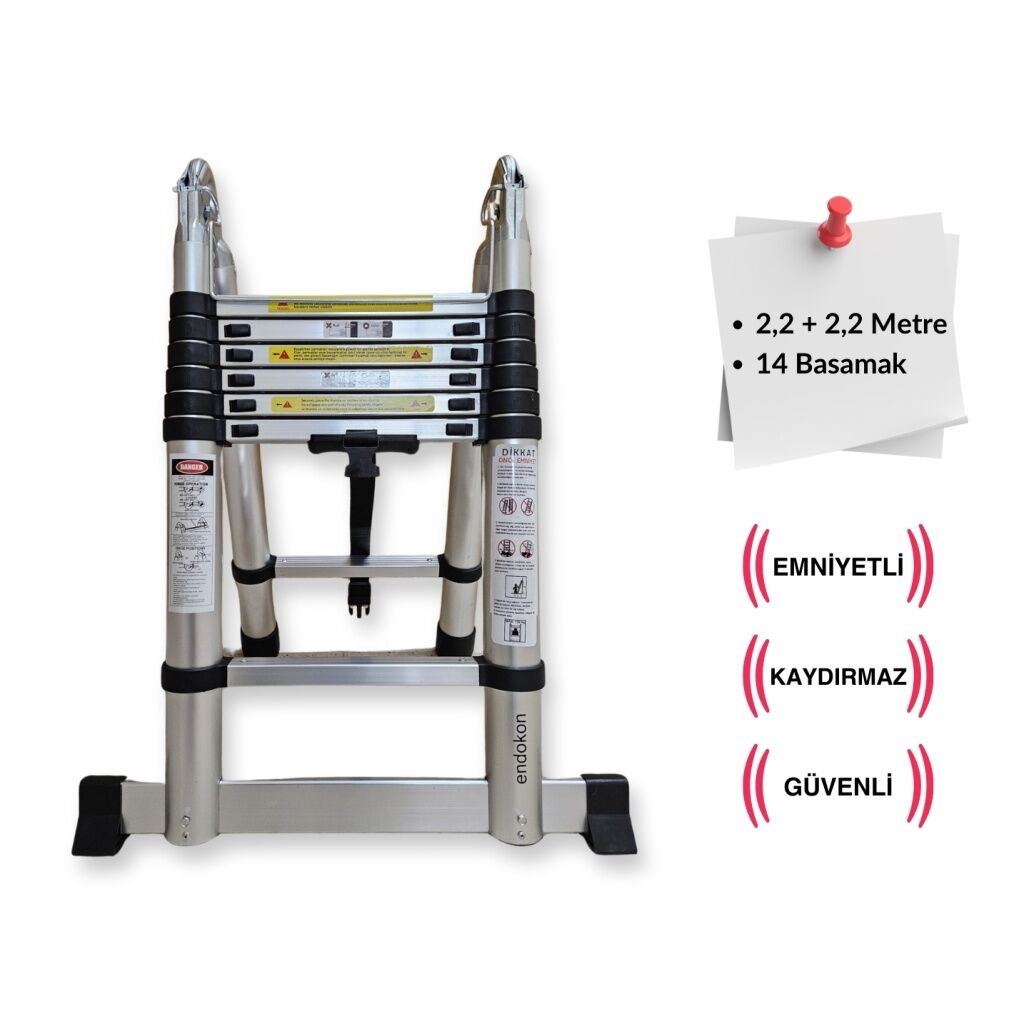 Endokon 220 + 220 cm. - 7+7  Basamaklı Teleskopik  Merdiven - A Tipi Uzayan Merdiven