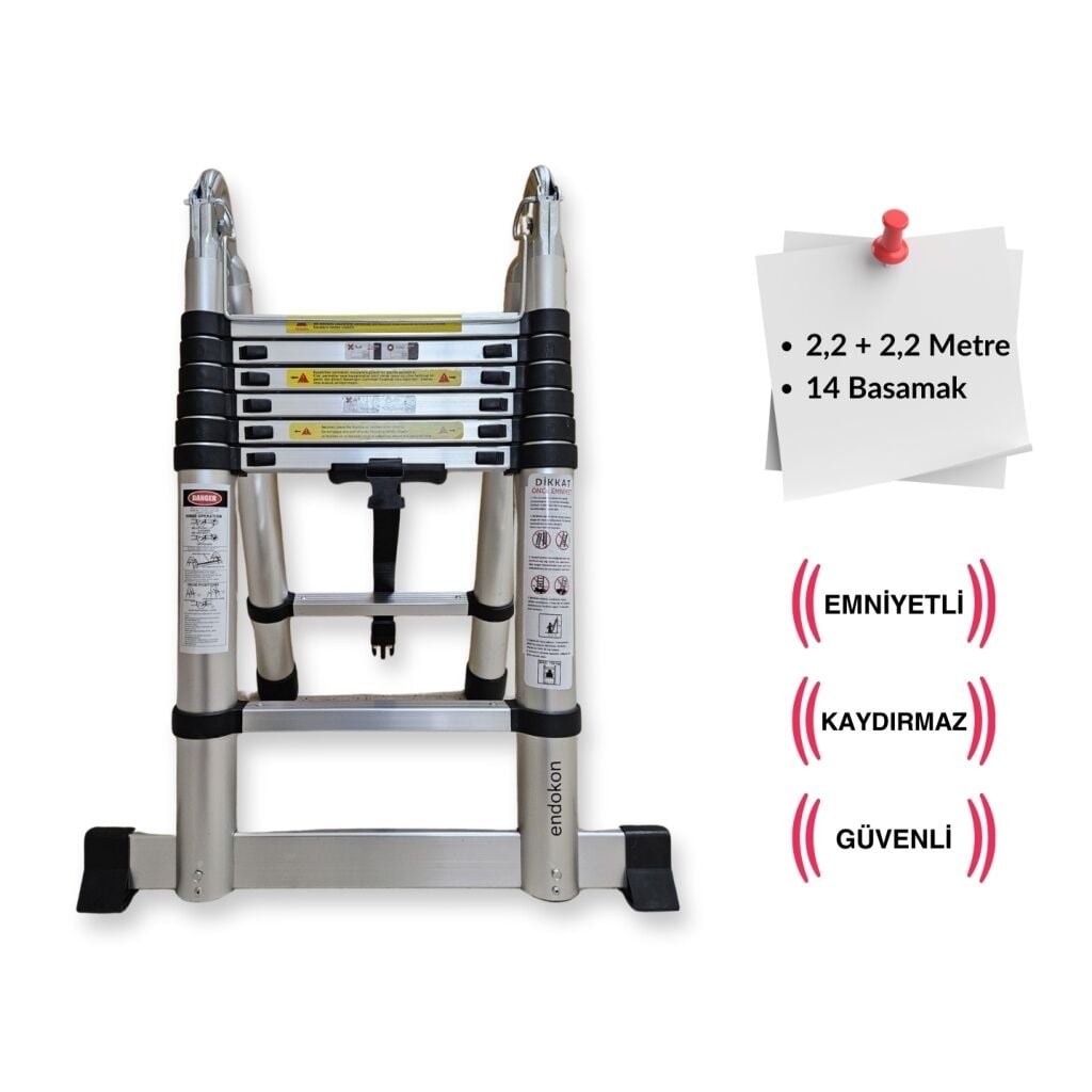 Endokon 220 + 220 cm. - 7+7  Basamaklı Teleskopik  Merdiven - A Tipi Uzayan Merdiven