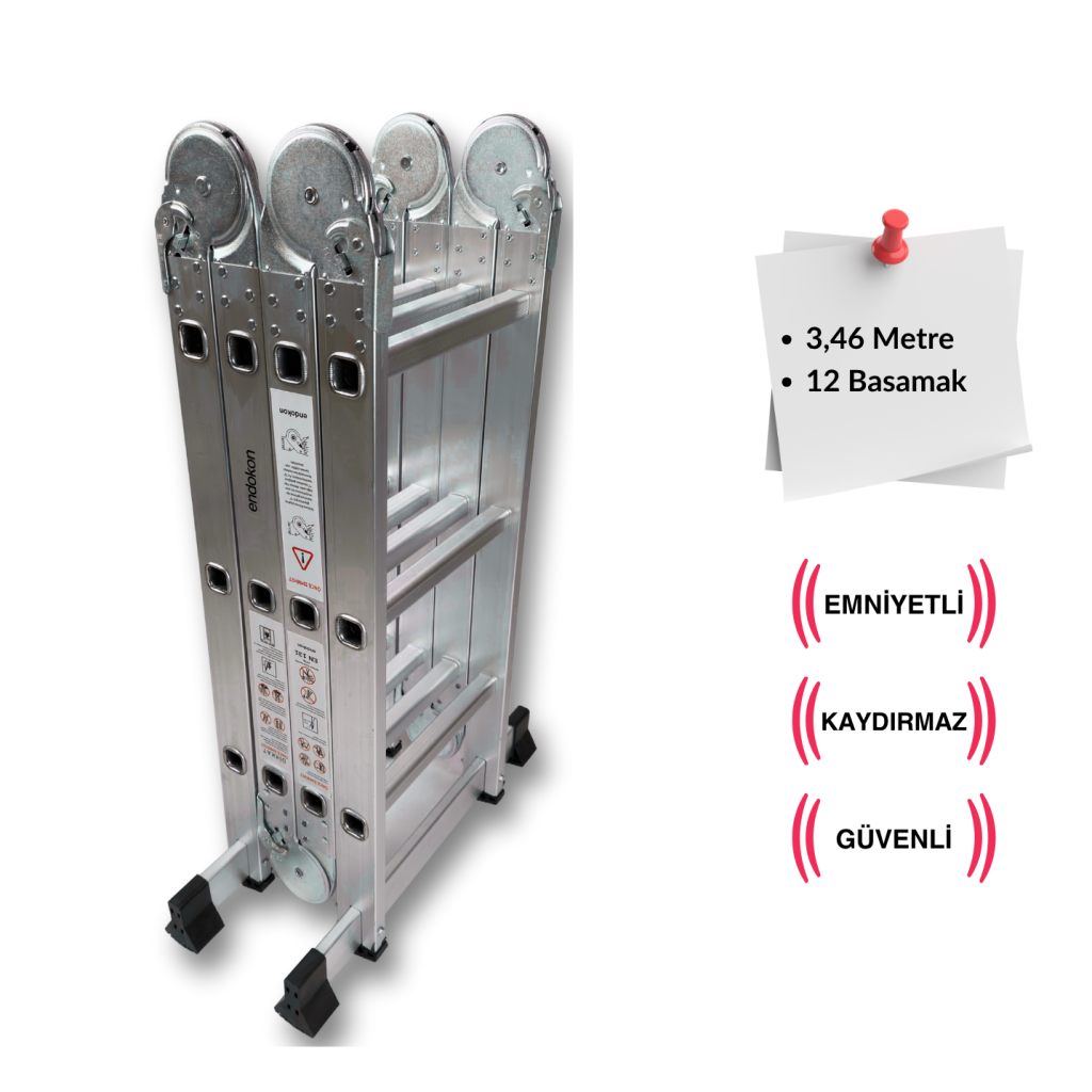 Endokon 3,46 Metre - 12  Basamaklı Katlanır Akrobat Merdiven - Büyük Menteşe - Kalın Profil