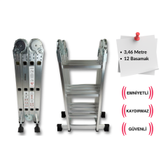 Endokon 3,46 Metre - 12  Basamaklı Katlanır Akrobat Merdiven - Büyük Menteşe - Kalın Profil
