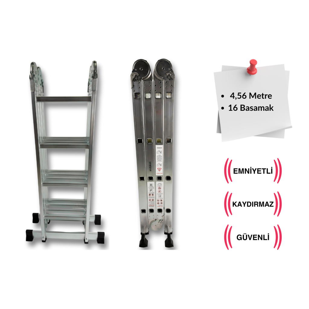 Endokon 4,56 Metre - 16  Basamaklı Katlanır Akrobat Merdiven - Büyük Menteşe - Kalın Profil