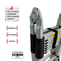 Endokon 250 + 250 cm. - 8+8  Basamaklı Teleskopik Merdiven - A Tipi Uzayan Merdiven