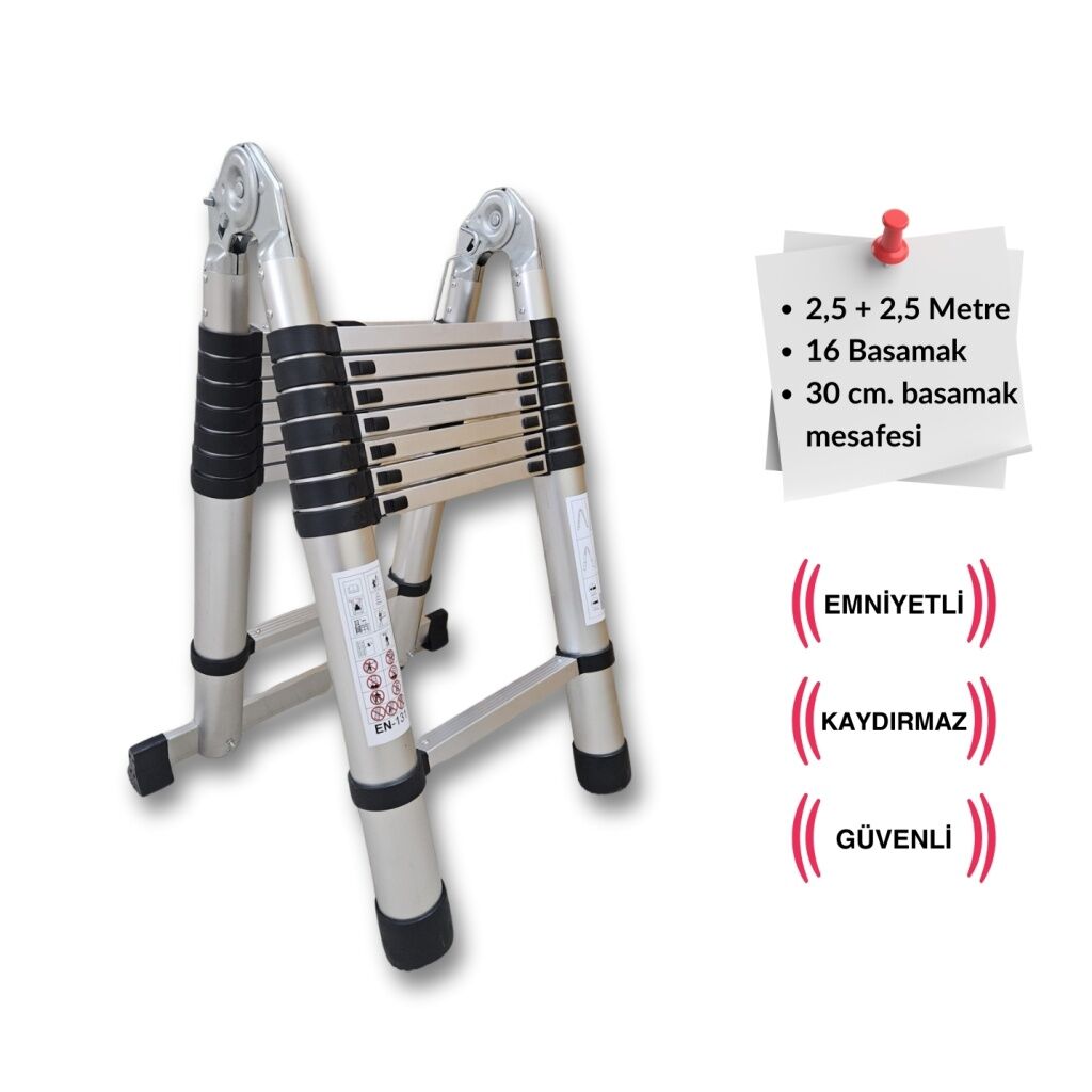 Endokon 250 + 250 cm. - 8+8  Basamaklı Teleskopik Merdiven - A Tipi Uzayan Merdiven