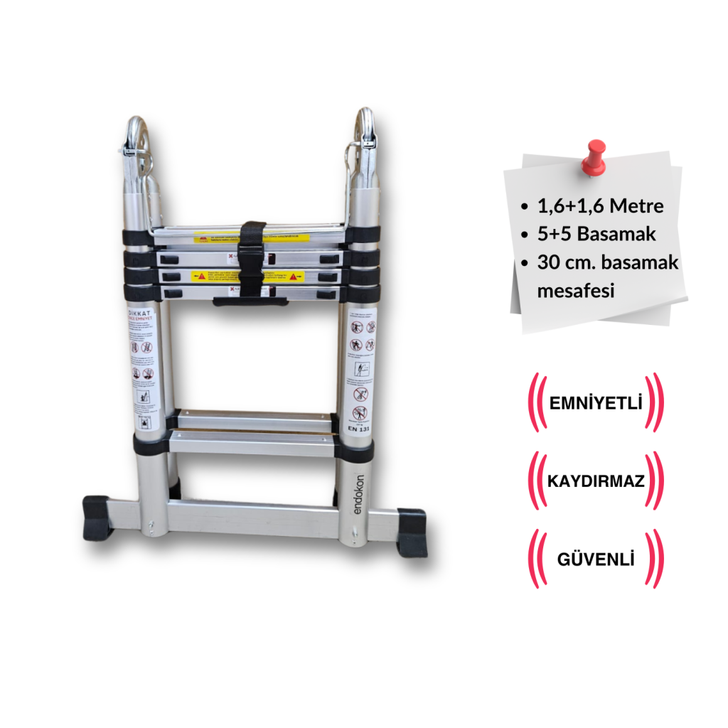Endokon 160 + 160 cm. - 5+5  Basamaklı Teleskopik Merdiven - A Tipi Uzayan Merdiven