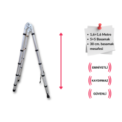 Endokon 160 + 160 cm. - 5+5  Basamaklı Teleskopik Merdiven - A Tipi Uzayan Merdiven