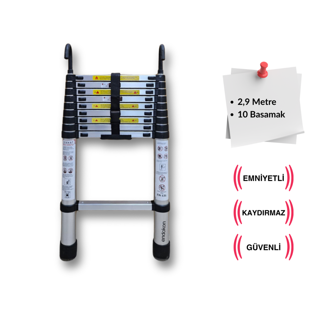 Endokon 10 Basamak - 290 cm. Kancalı Teleskopik Alüminyum Merdiven - I Tipi Uzayan Merdiven