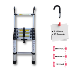 Endokon 10 Basamak - 290 cm. Kancalı Teleskopik Alüminyum Merdiven - I Tipi Uzayan Merdiven