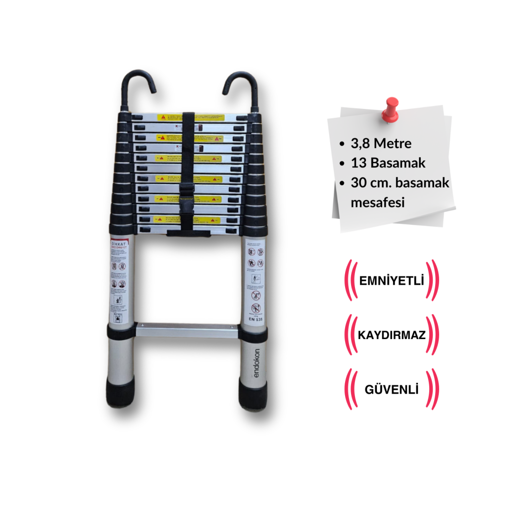 Endokon 13 basamak - 380 cm. KANCALI Teleskopik Alüminyum Merdiven - I Tipi Uzayan Merdiven
