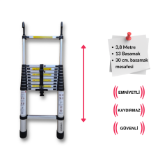 Endokon 13 basamak - 380 cm. KANCALI Teleskopik Alüminyum Merdiven - I Tipi Uzayan Merdiven