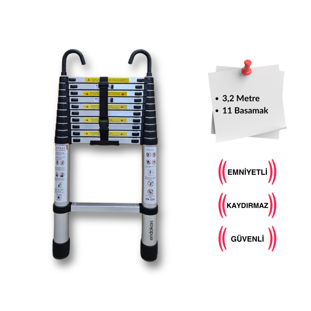 Endokon 320 cm. - 11  Basamaklı Kancalı Teleskopik Merdiven - I Tipi Uzayan