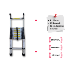 Endokon 410 cm. - 14  Basamaklı Kancalı Teleskopik Alüminyum Merdiven - I Tipi Uzayan Merdiven