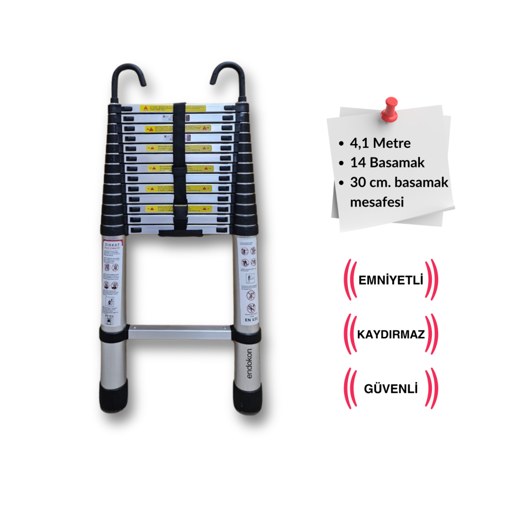 Endokon 410 cm. - 14  Basamaklı Kancalı Teleskopik Alüminyum Merdiven - I Tipi Uzayan Merdiven