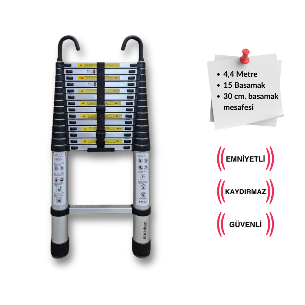 Endokon 440 cm. - 15  Basamaklı Kancalı Teleskopik Merdiven - I Tipi Uzayan Merdiven