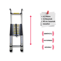 Endokon 620 cm. - 16  Basamaklı Kancalı Teleskopik Alüminyum Merdiven - I Tipi Uzayan Merdiven