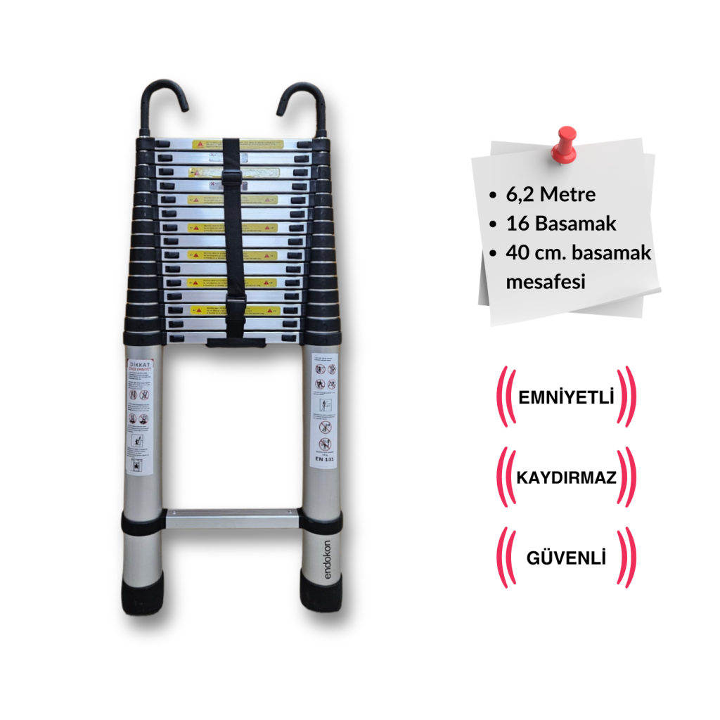 Endokon 620 cm. - 16  Basamaklı Kancalı Teleskopik Alüminyum Merdiven - I Tipi Uzayan Merdiven