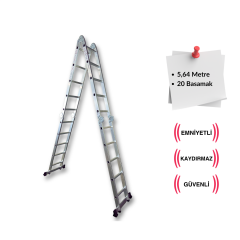 Endokon 5,64 Metre - 20 Basamaklı Katlanır Akrobat Merdiven - Büyük Menteşe - Kalın Profil