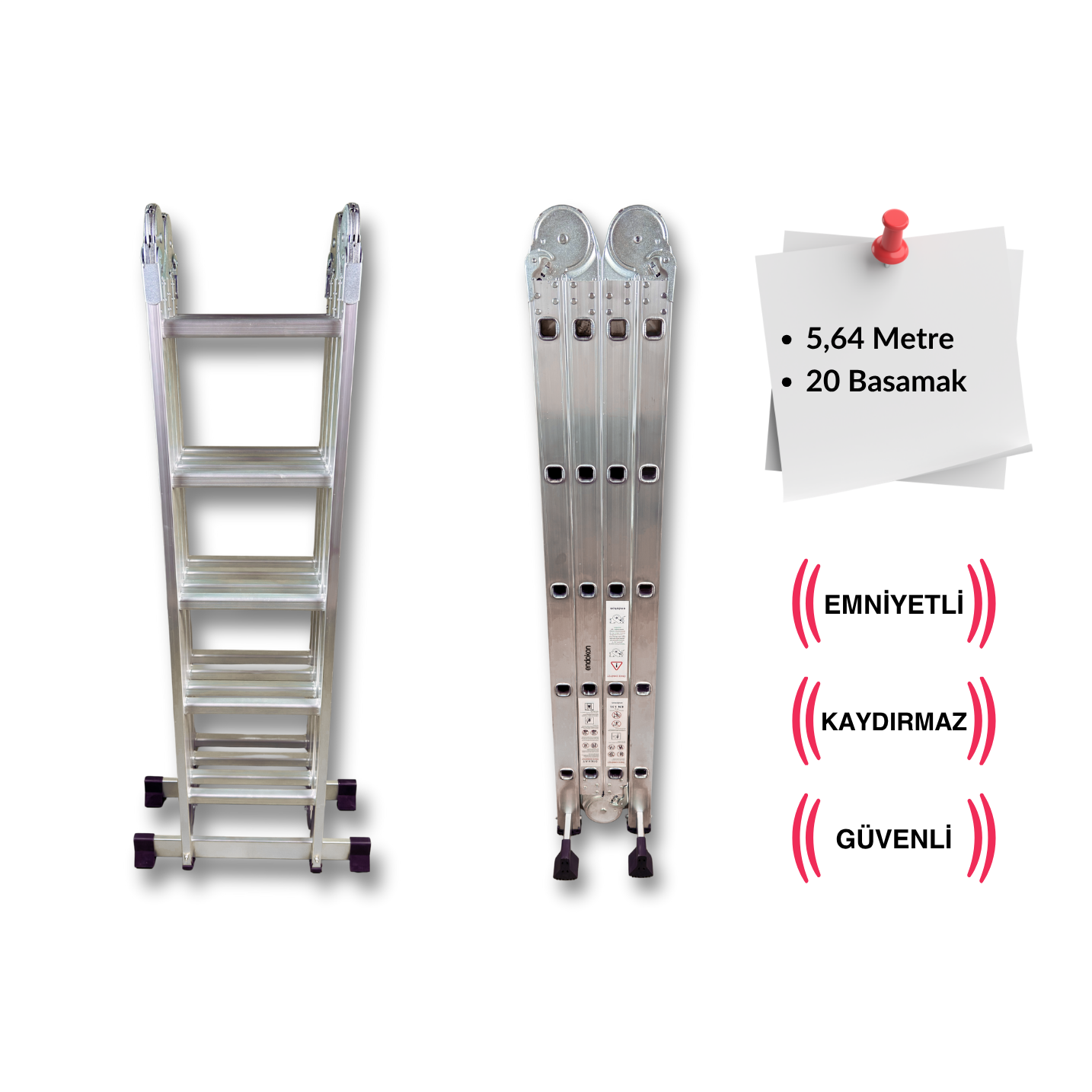 Endokon 5,64 Metre - 20 Basamaklı Katlanır Akrobat Merdiven - Büyük Menteşe - Kalın Profil