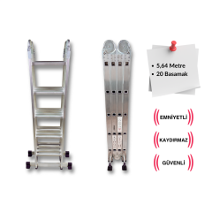 Endokon 5,64 Metre - 20 Basamaklı Katlanır Akrobat Merdiven - Büyük Menteşe - Kalın Profil