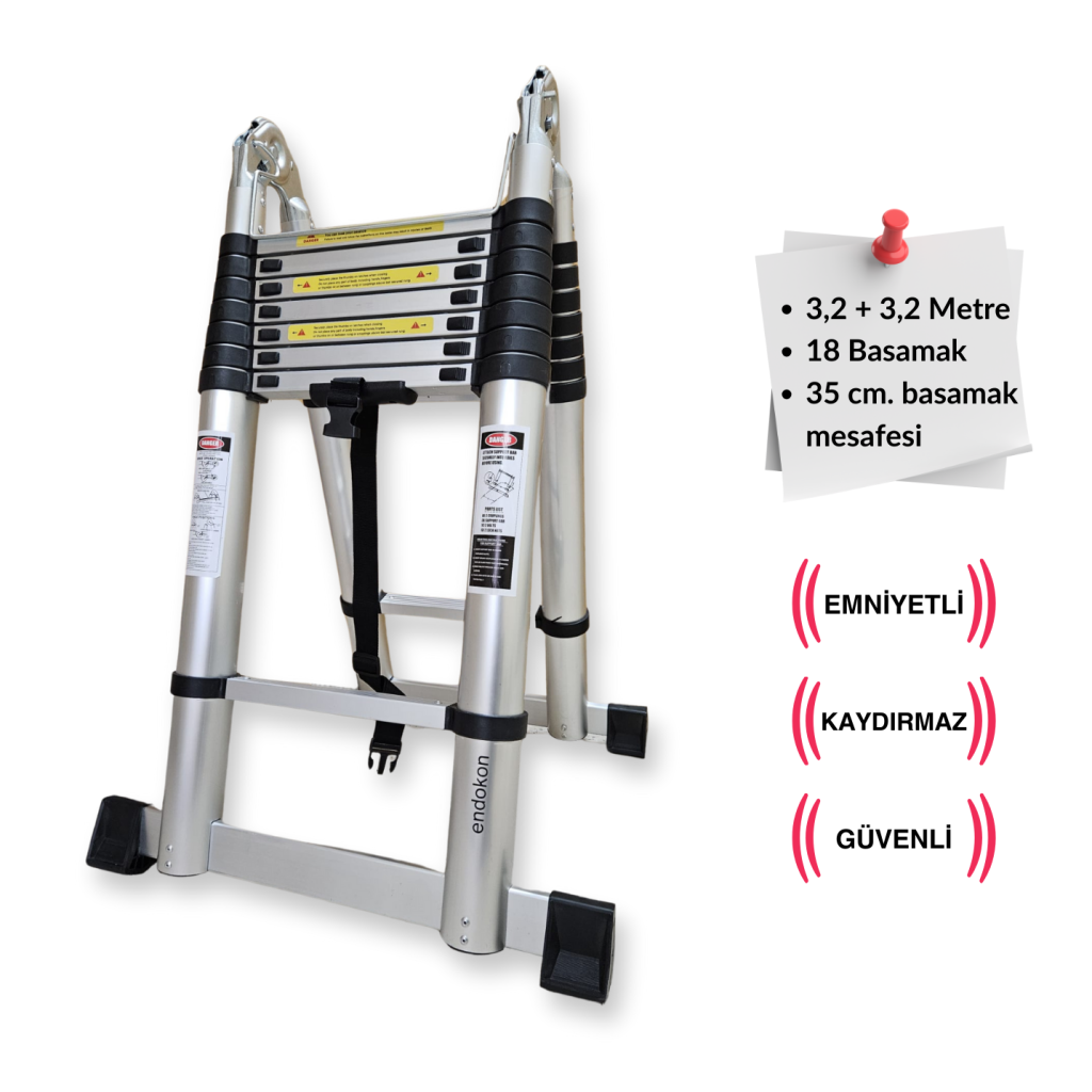 Endokon 320 + 320 cm - 8+8  Basamaklı Teleskopik Merdiven -  A Tipi Uzayan Merdiven