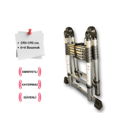 Çelik 190+190 cm. 6+6 basamak A Tipi Teleskopik Merdiven - Uzayan Merdiven