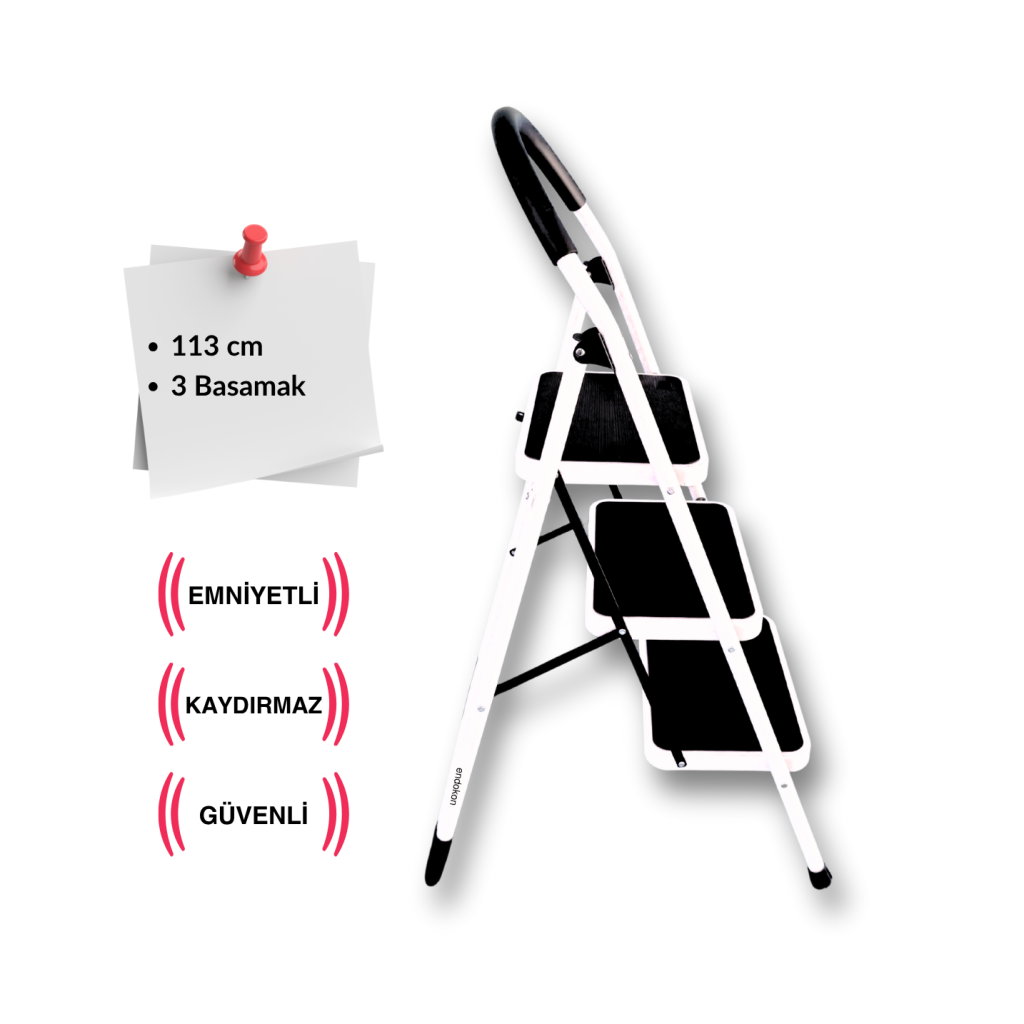 Paslanmaz Çelik 3 Basamaklı Geniş Basamak Ev - Ofis Tipi Merdiven - Tutacaklı