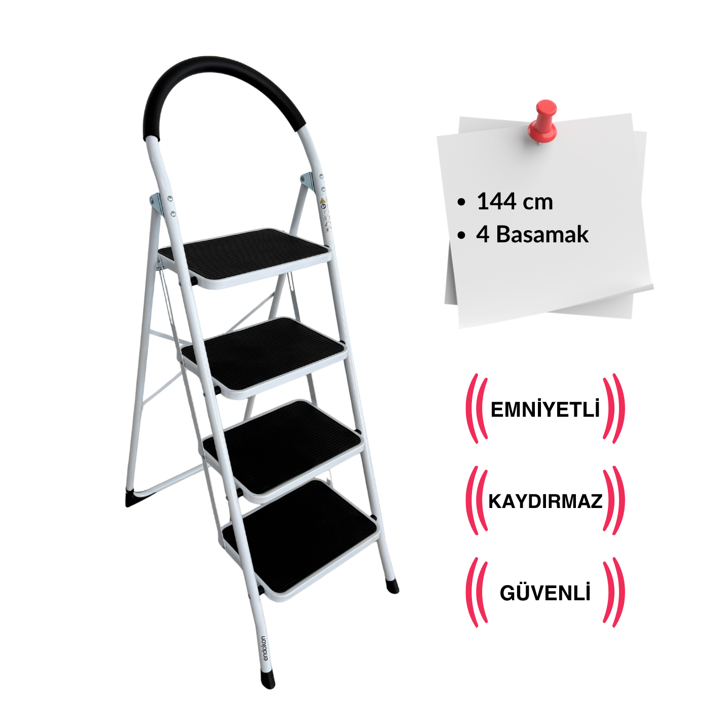 Endokon Çelik 4 Basamaklı Geniş Basamak Ev - Ofis Tipi Merdiven - Tutacaklı
