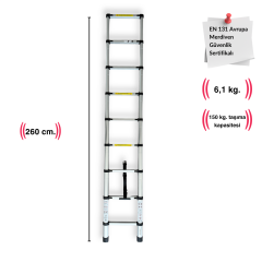 Endokon 9 Basamaklı - 260 cm. Teleskopik Alüminyum Merdiven - I Tipi Uzayan Merdiven