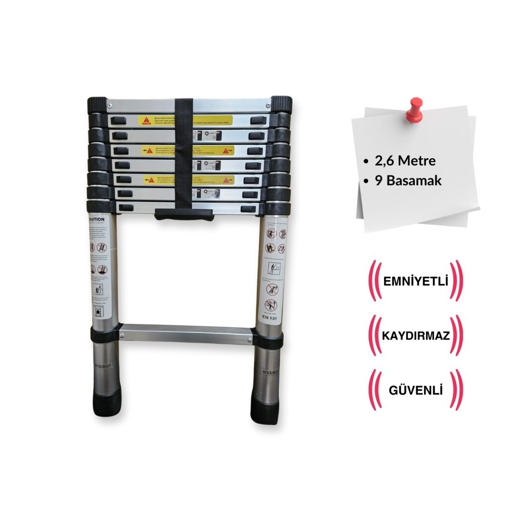 Endokon 9 Basamaklı - 260 cm. Teleskopik Alüminyum Merdiven - I Tipi Uzayan Merdiven