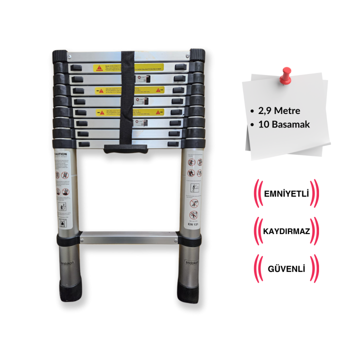 Endokon 10 Basamak - 290 cm. Teleskopik Alüminyum Merdiven - I Tipi Uzayan Merdiven