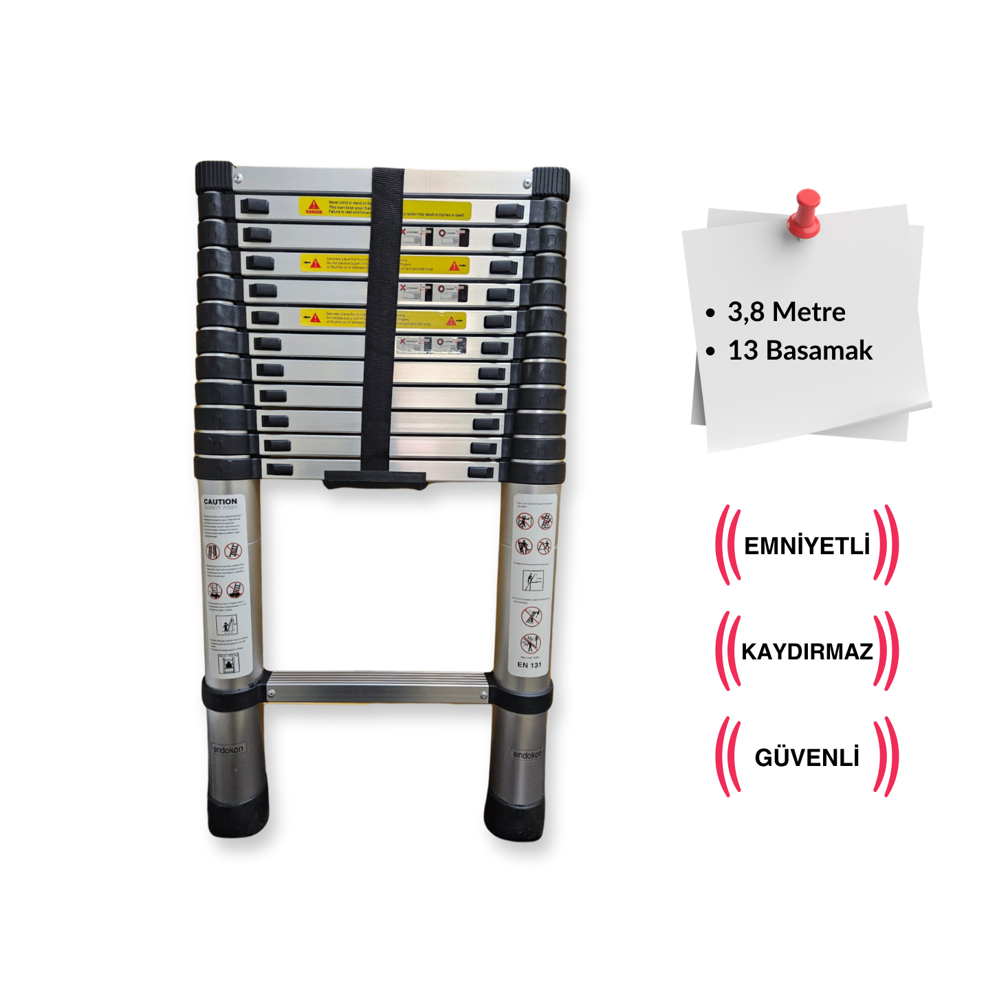 Endokon 13 basamak - 380 cm. Teleskopik Alüminyum Merdiven - I Tipi Uzayan Merdiven