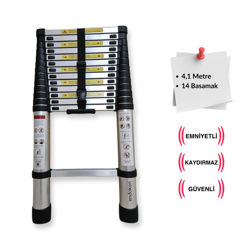 Endokon 410 cm. - 14  Basamaklı Teleskopik Alüminyum Merdiven - I Tipi Uzayan Merdiven