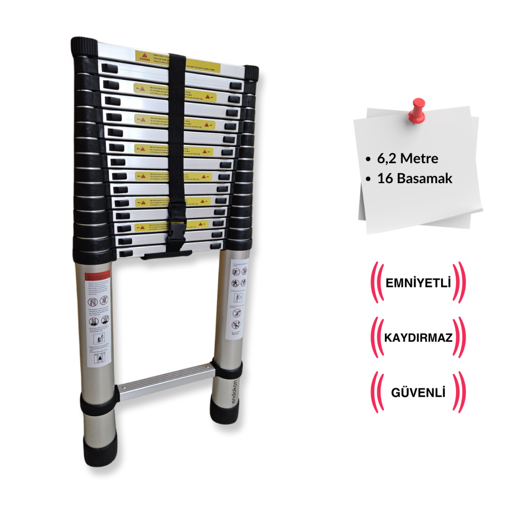 Endokon 620 cm. - 16  Basamaklı Teleskopik Alüminyum Merdiven - I Tipi Uzayan Merdiven