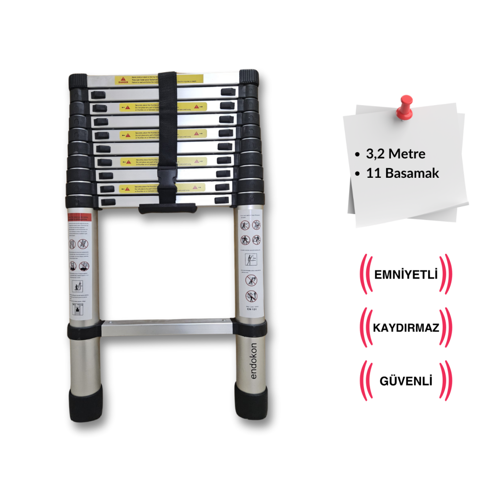 Endokon 320 cm. - 11  Basamaklı Teleskopik Merdiven - I Tipi Uzayan
