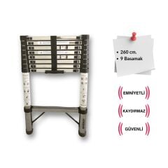 Çelik 9 Basamaklı - 260 cm. Teleskopik Merdiven - I Tipi Uzayan Merdiven