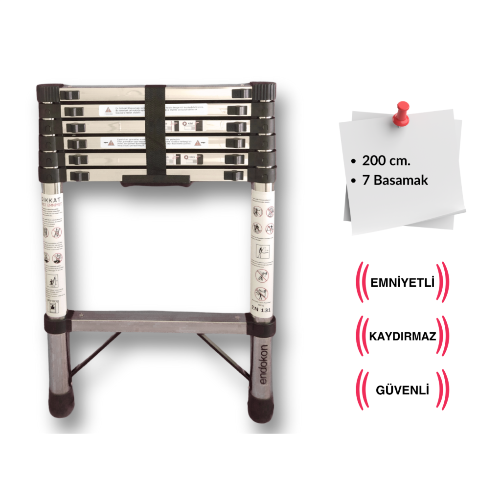 Çelik Endokon 7 Basamaklı - 200 cm. Teleskopik Merdiven - I Tipi Uzayan Merdiven