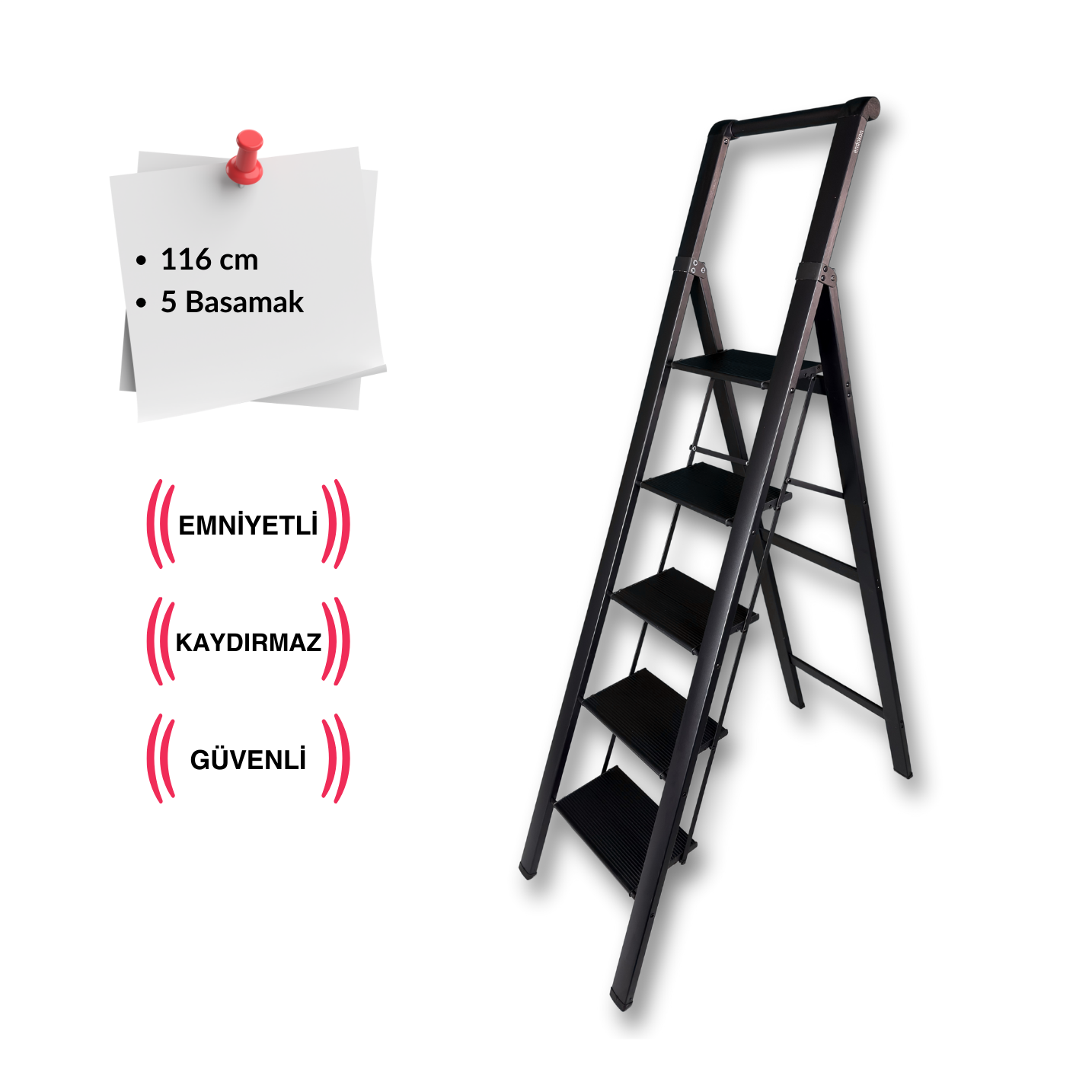 Endokon Tutma Kollu Şık Alüminyum Merdiven – 5 Basamaklı - Siyah