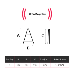 Endokon Çelik Geniş Dikdörtgen 4 Basamaklı Ev - Ofis Tipi Merdiven - Tutacaklı