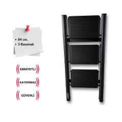 Endokon Katlanır Çelik Şık Merdiven - Siyah 3 Basamaklı - Portatif Ev Ofis Merdiveni