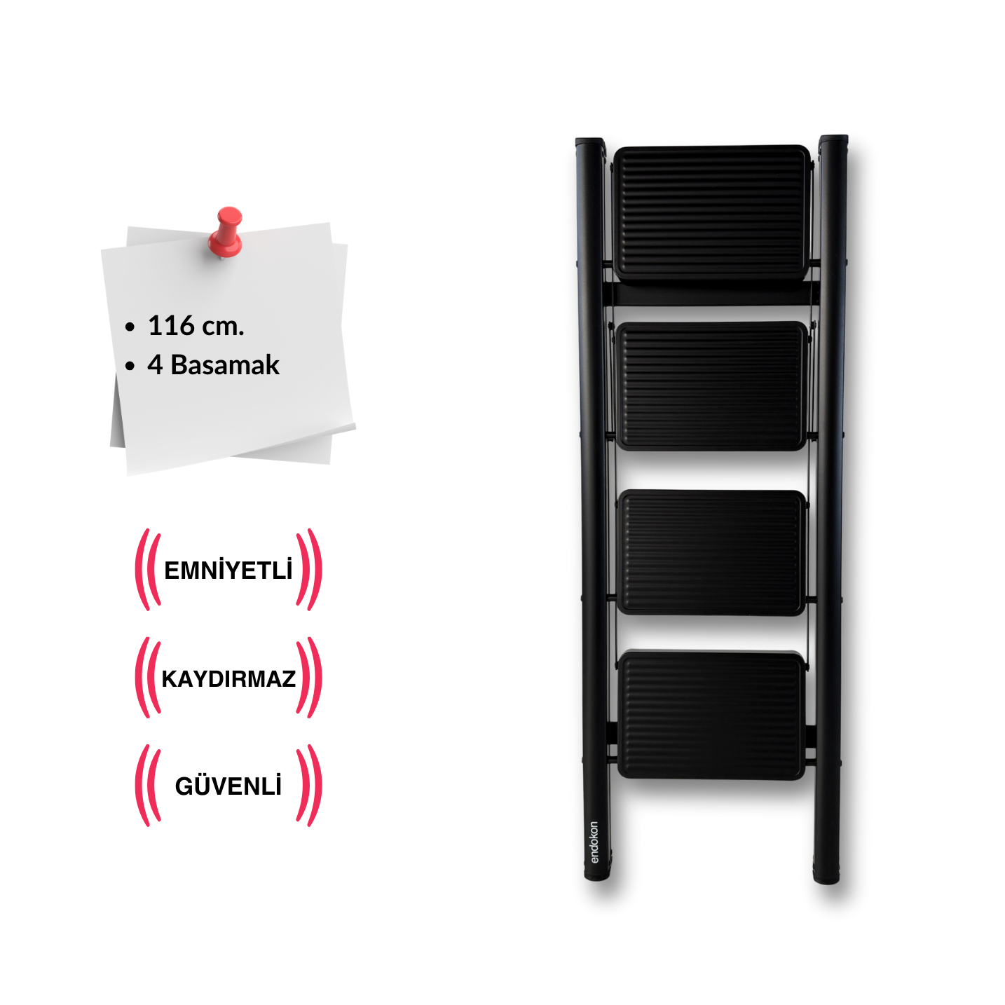 Endokon Katlanır Çelik Şık Merdiven Siyah 4 Basamaklı, Portatif Ev - Ofis Merdiveni