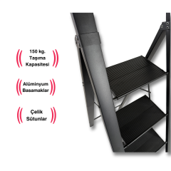 Endokon Tutma Kollu Şık Alüminyum Merdiven – 4 Basamaklı - Geniş Basamak, Kalın Profil