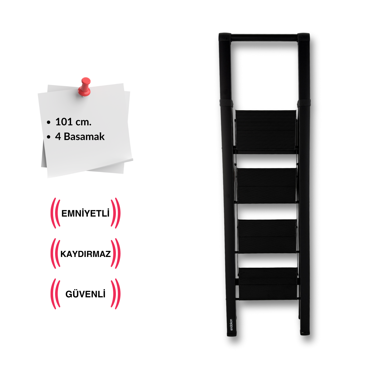 Endokon Tutma Kollu Şık Alüminyum Merdiven – 4 Basamaklı - Geniş Basamak, Kalın Profil
