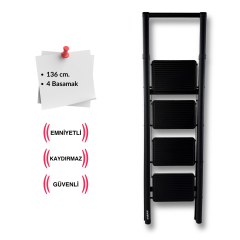 Endokon Katlanır Tutma Kollu Şık Merdiven Siyah 4 Basamaklı - Çelik - Ev - Ofis Merdiveni