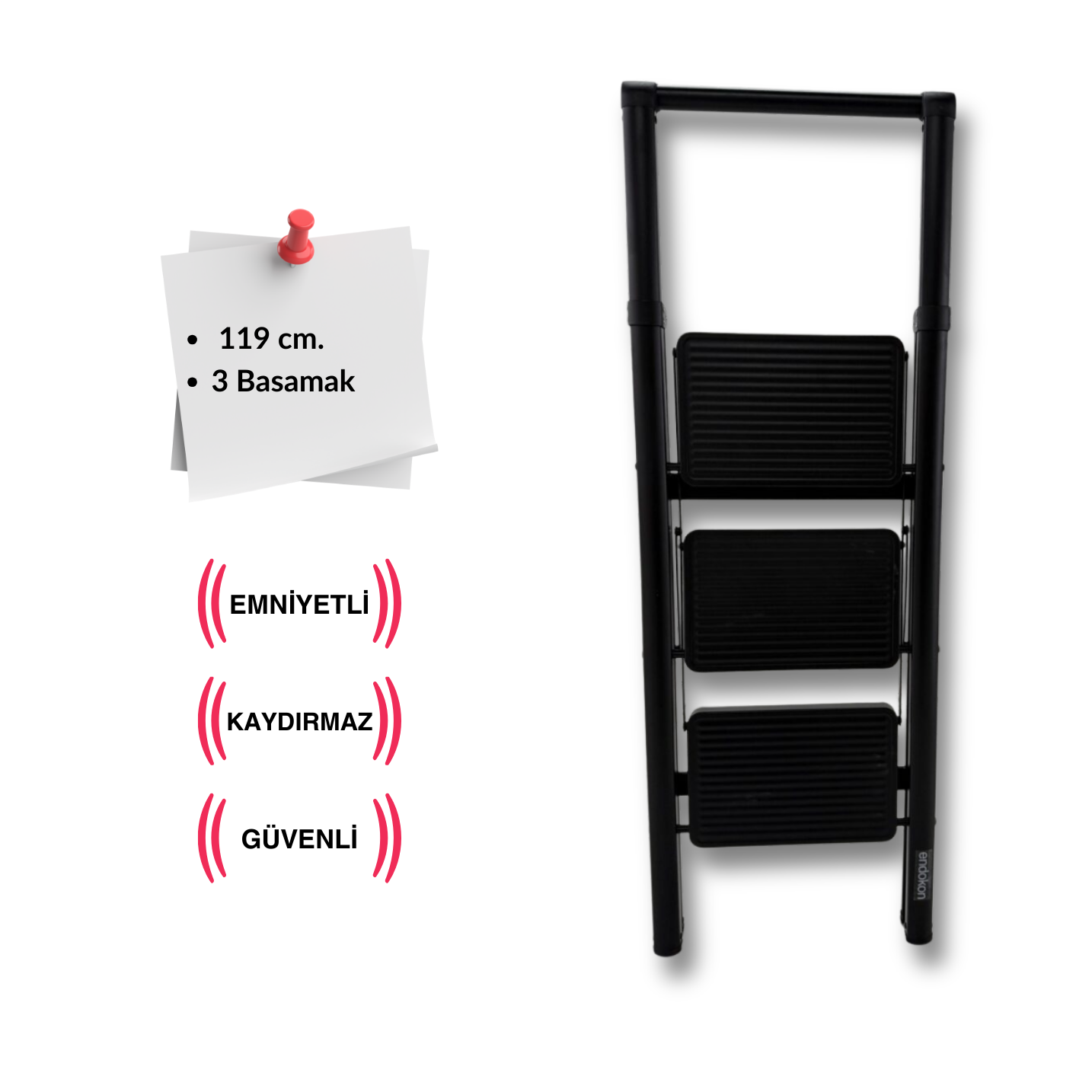 Endokon Katlanır Tutma Kollu Şık Merdiven Siyah 3 Basamaklı - Çelik - Ev - Ofis Merdiveni