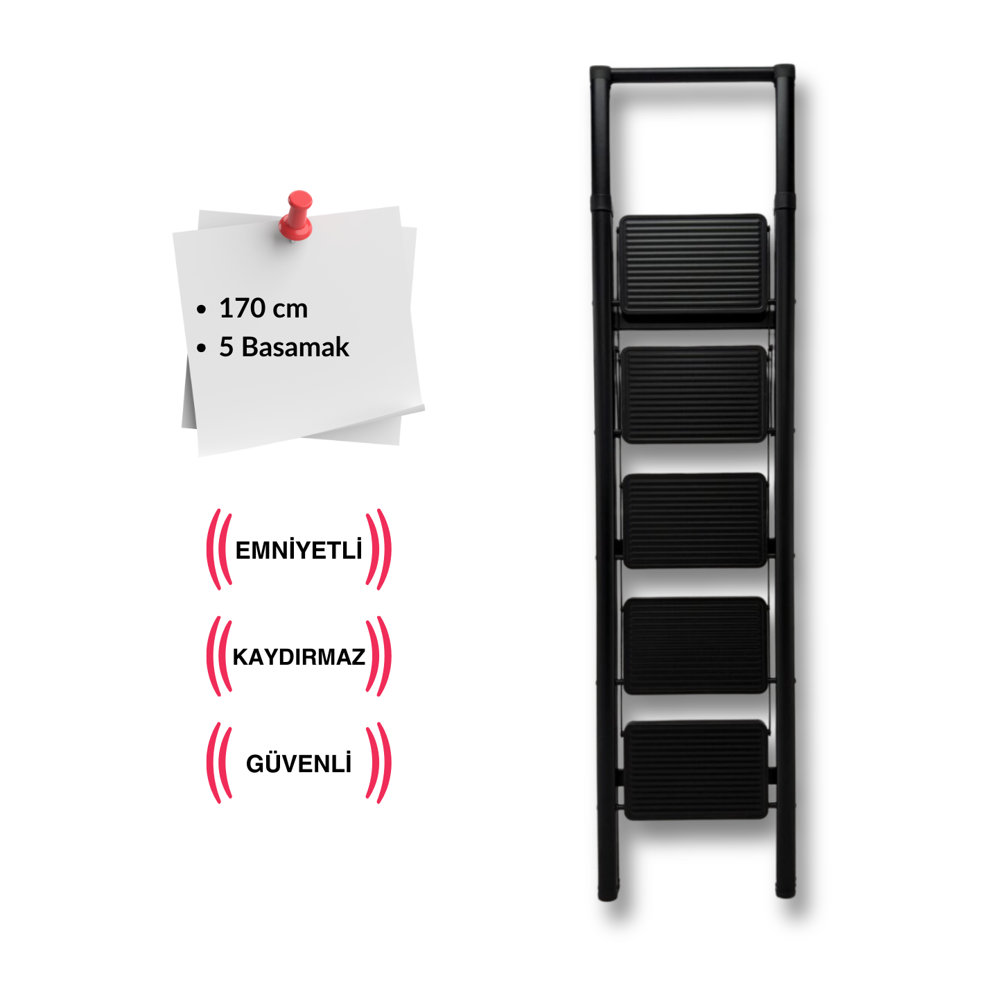 Endokon Katlanır Tutma Kollu Şık Merdiven Siyah 5 Basamaklı - Çelik - Ev - Ofis Merdiveni