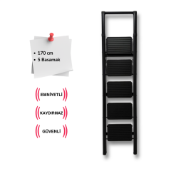 Endokon Katlanır Tutma Kollu Şık Merdiven Siyah 5 Basamaklı - Çelik - Ev - Ofis Merdiveni