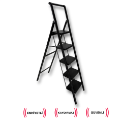 Endokon Katlanır Tutma Kollu Şık Merdiven Siyah 5 Basamaklı - Çelik - Ev - Ofis Merdiveni