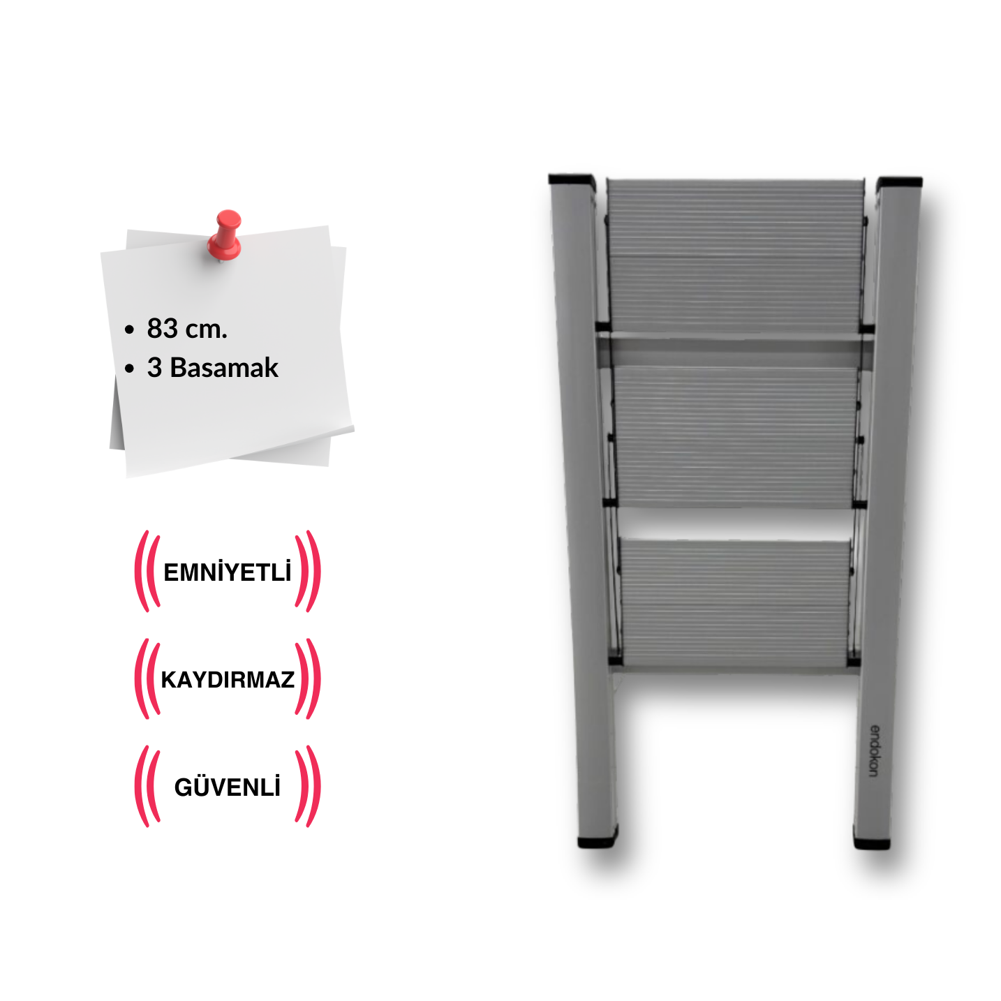 Endokon Katlanır Şık Merdiven Gümüş 3 Basamaklı - Alüminyum - Ev - Ofis Merdiveni