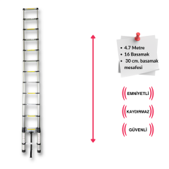 Endokon 470 cm. - 16 Basamaklı Teleskopik Alüminyum Merdiven - I Tipi Uzayan Merdiven