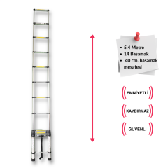 Endokon 540 cm. - 14 Basamaklı Teleskopik Alüminyum Merdiven - I Tipi Uzayan Merdiven